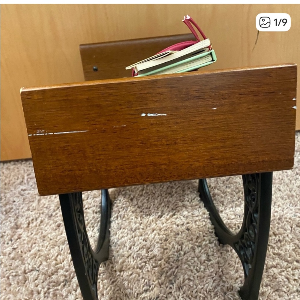 American Girl Brown Wood Accent Table with Black Metal Legs